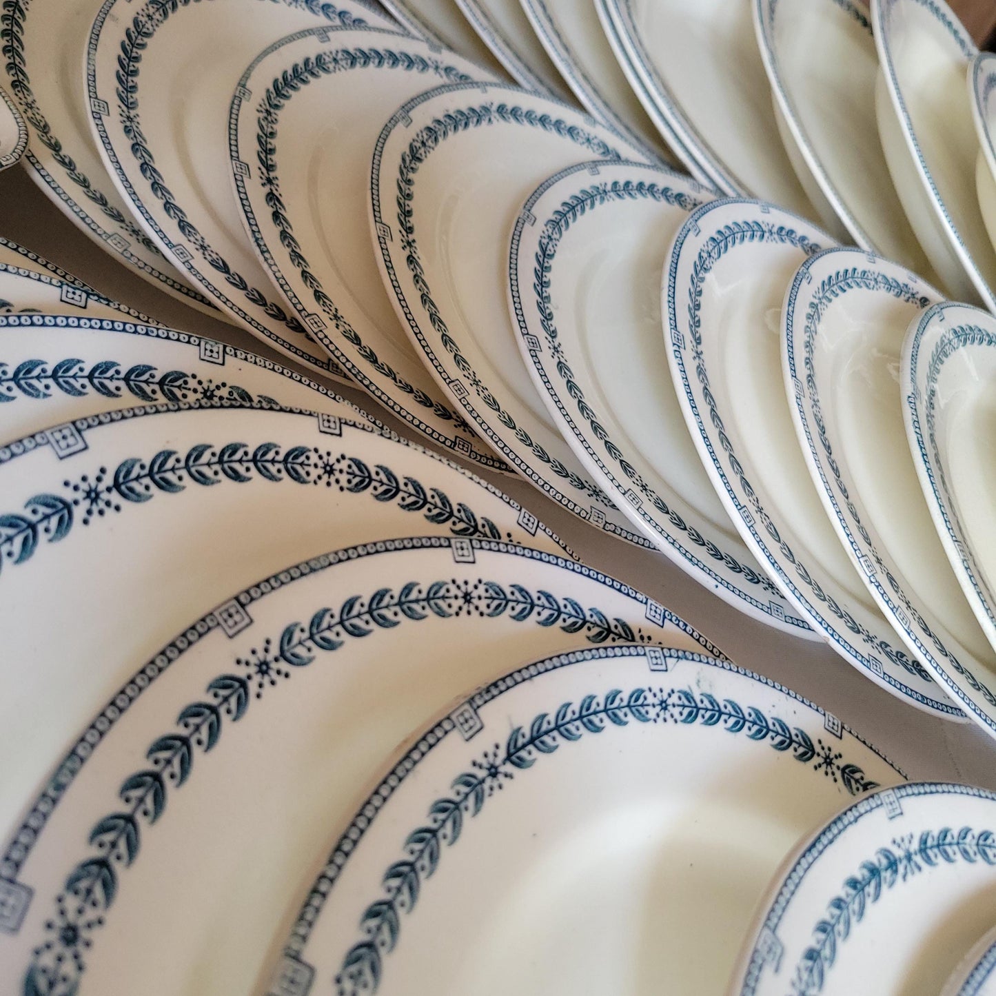 Antique Dinner Service, Salins France 24/12-Place Dinner Service, 'R.A' Pattern, 60pc Green Transferware