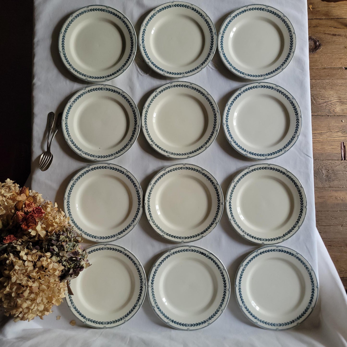 Antique Dinner Service, Salins France 24/12-Place Dinner Service, 'R.A' Pattern, 60pc Green Transferware