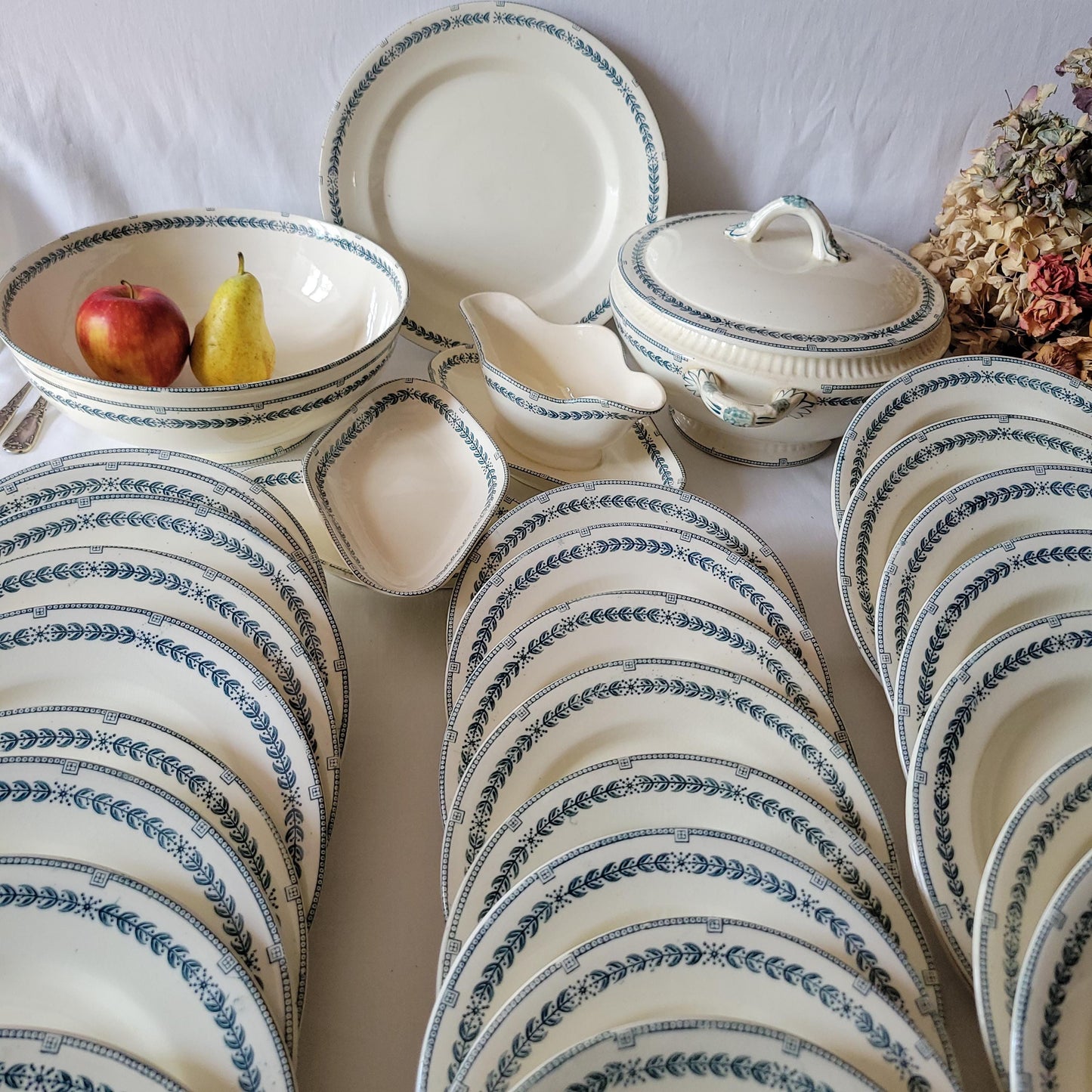 Antique Dinner Service, Salins France 24/12-Place Dinner Service, 'R.A' Pattern, 60pc Green Transferware