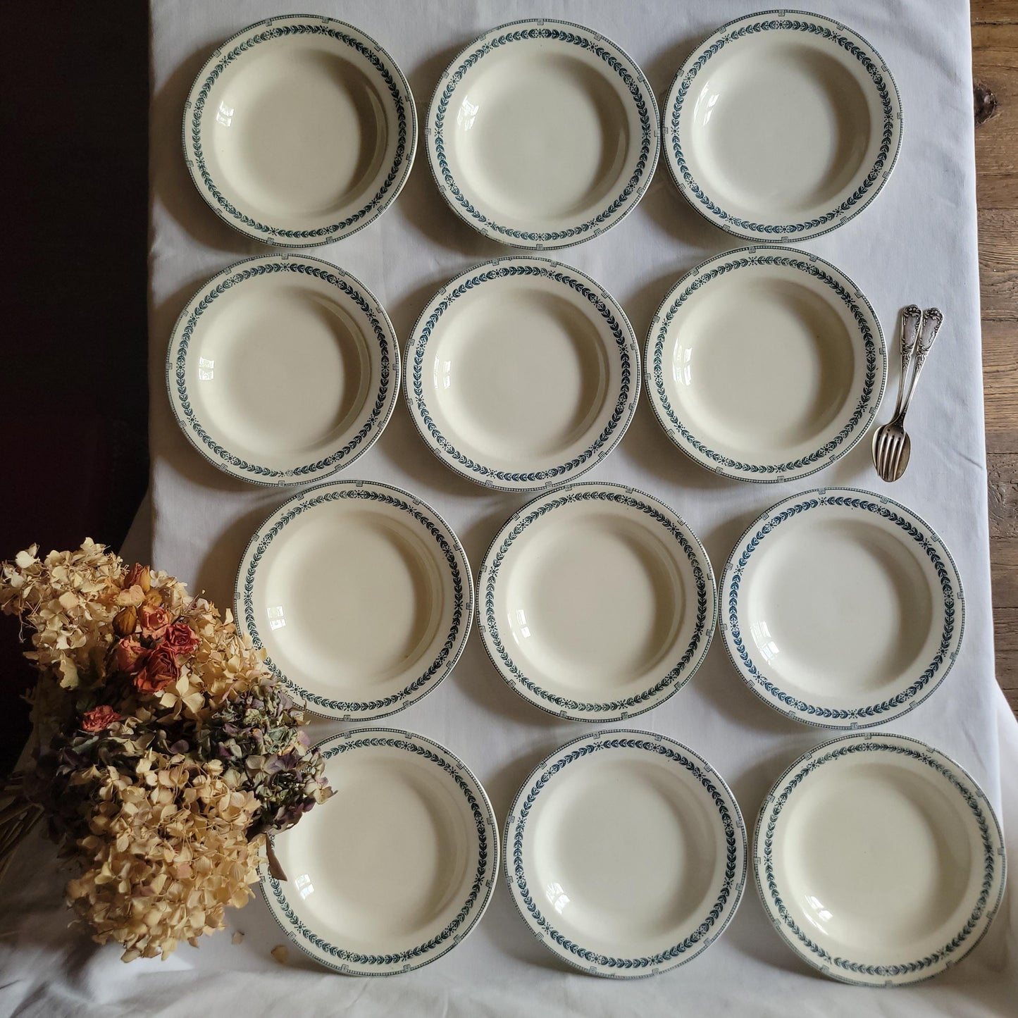 Antique Dinner Service, Salins France 24/12-Place Dinner Service, 'R.A' Pattern, 60pc Green Transferware