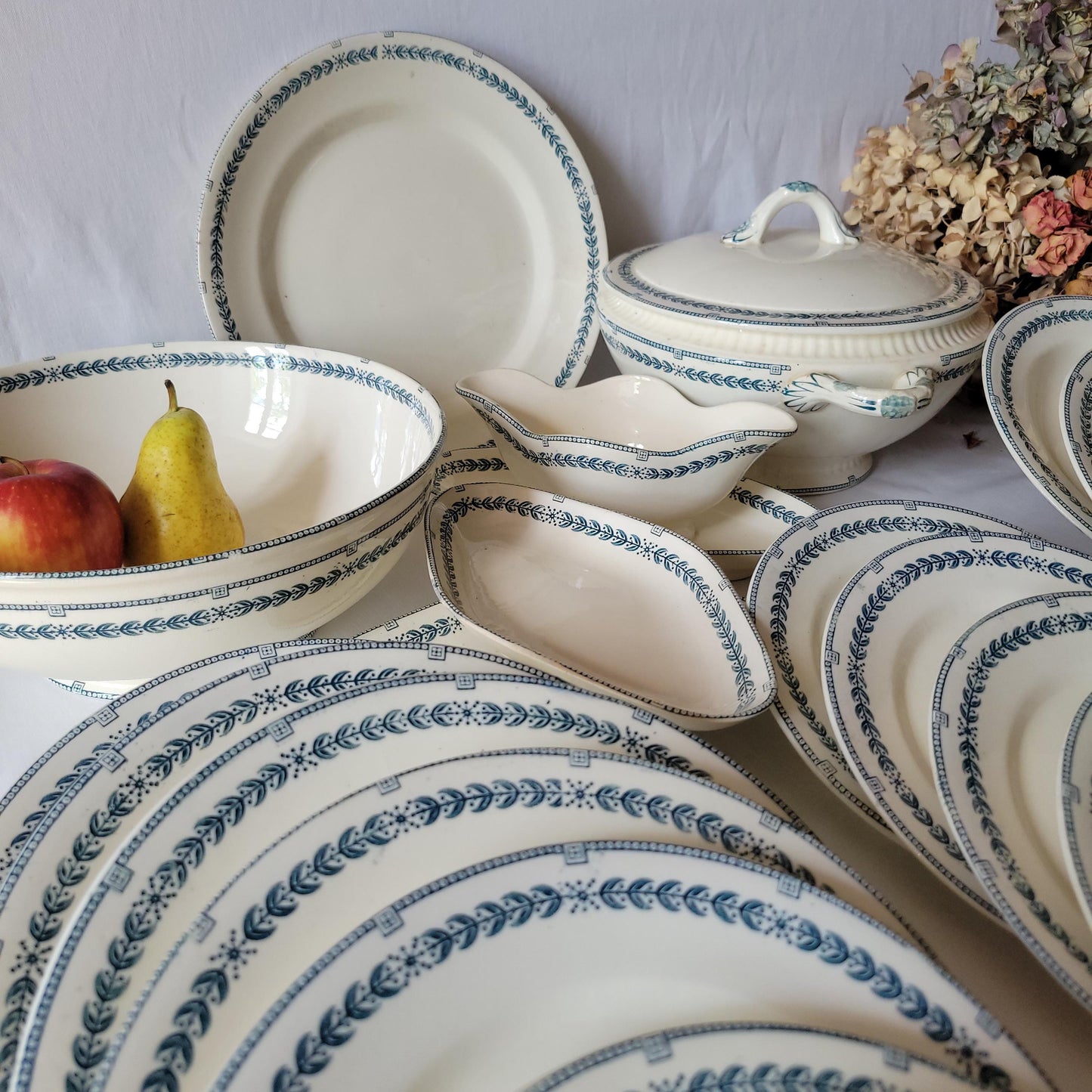 Antique Dinner Service, Salins France 24/12-Place Dinner Service, 'R.A' Pattern, 60pc Green Transferware