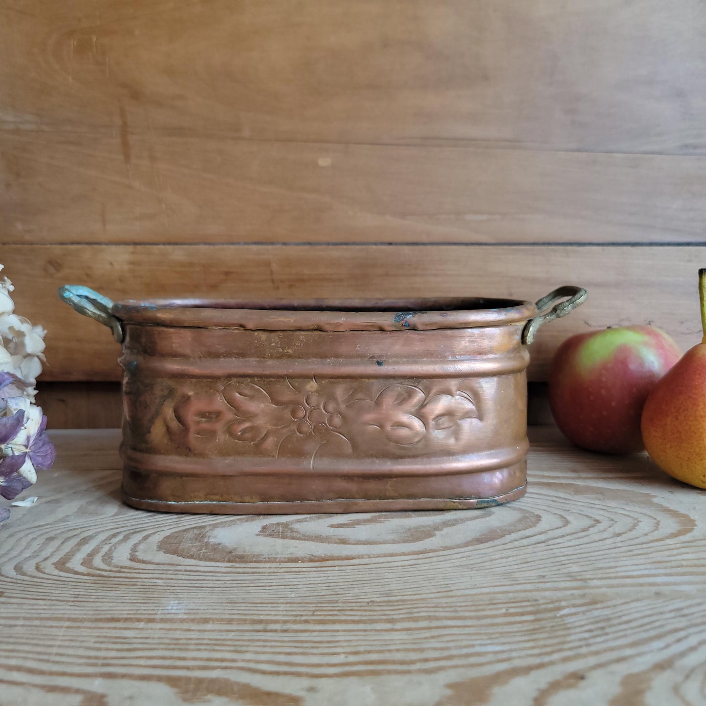 Small Vintage French Copper Jardiniere with Embossed Flowers & Brass Handles France c 1930-50
