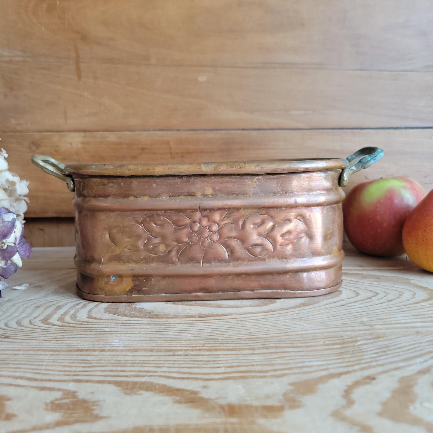 Small Vintage French Copper Jardiniere with Embossed Flowers & Brass Handles France c 1930-50