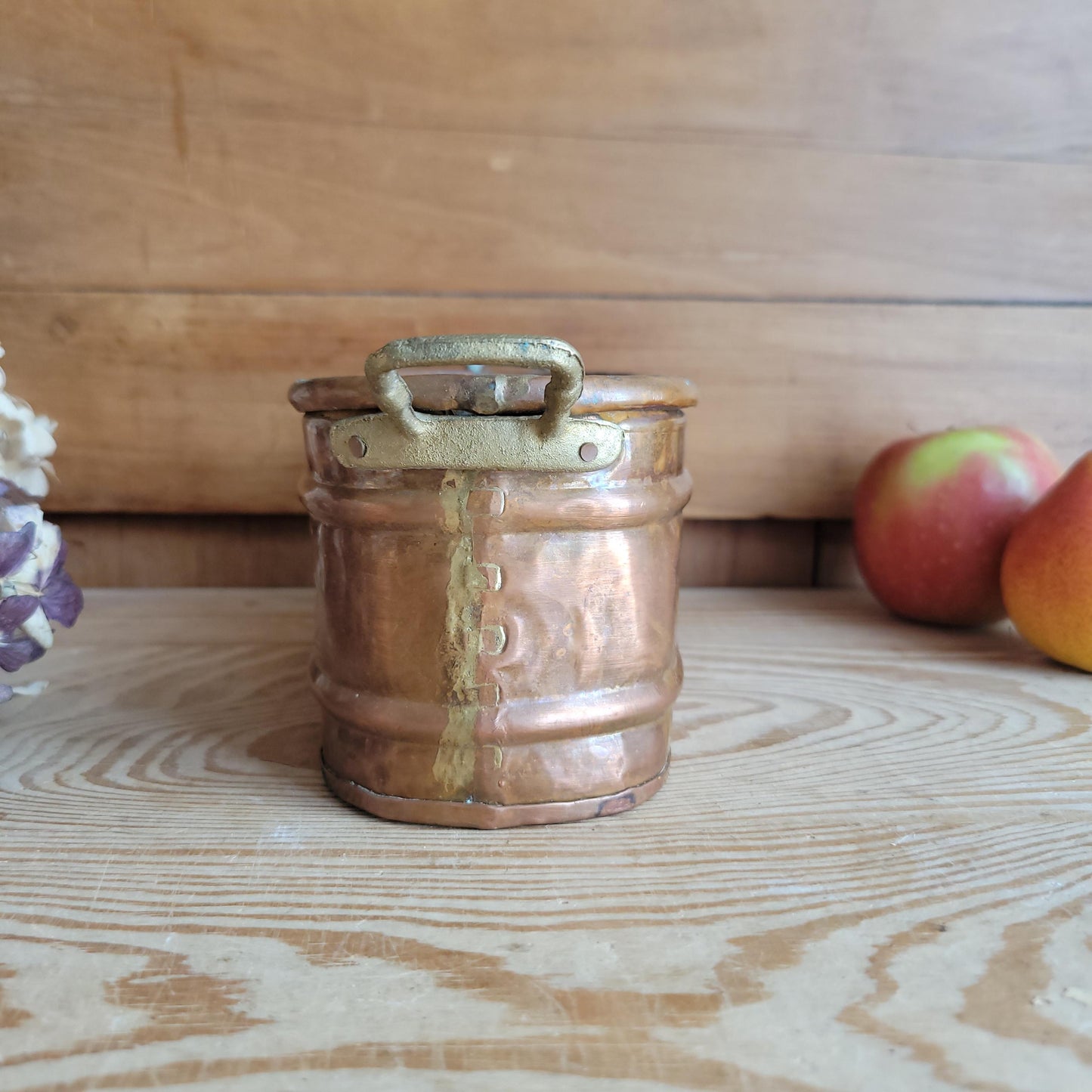 Small Vintage French Copper Jardiniere with Embossed Flowers & Brass Handles France c 1930-50