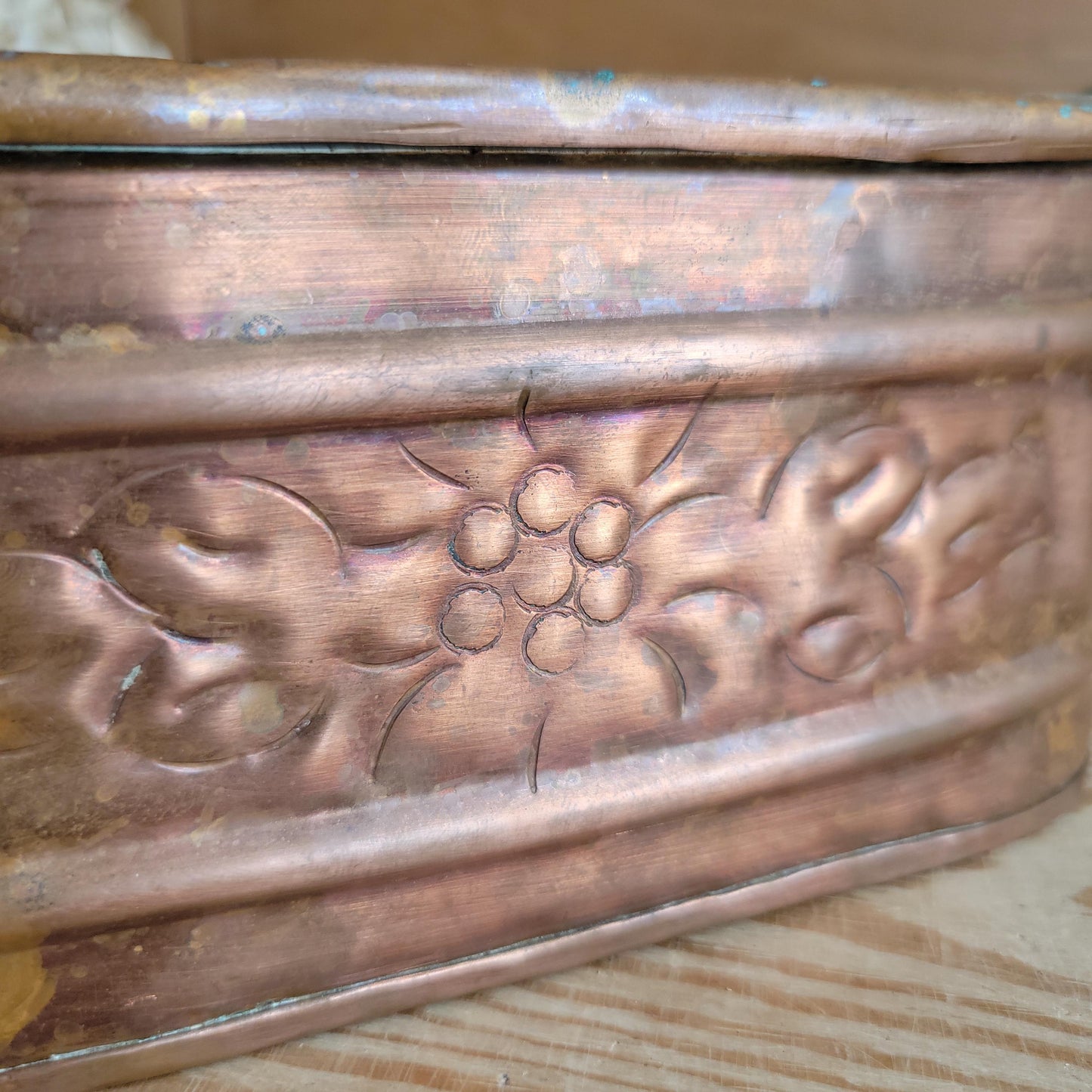 Small Vintage French Copper Jardiniere with Embossed Flowers & Brass Handles France c 1930-50