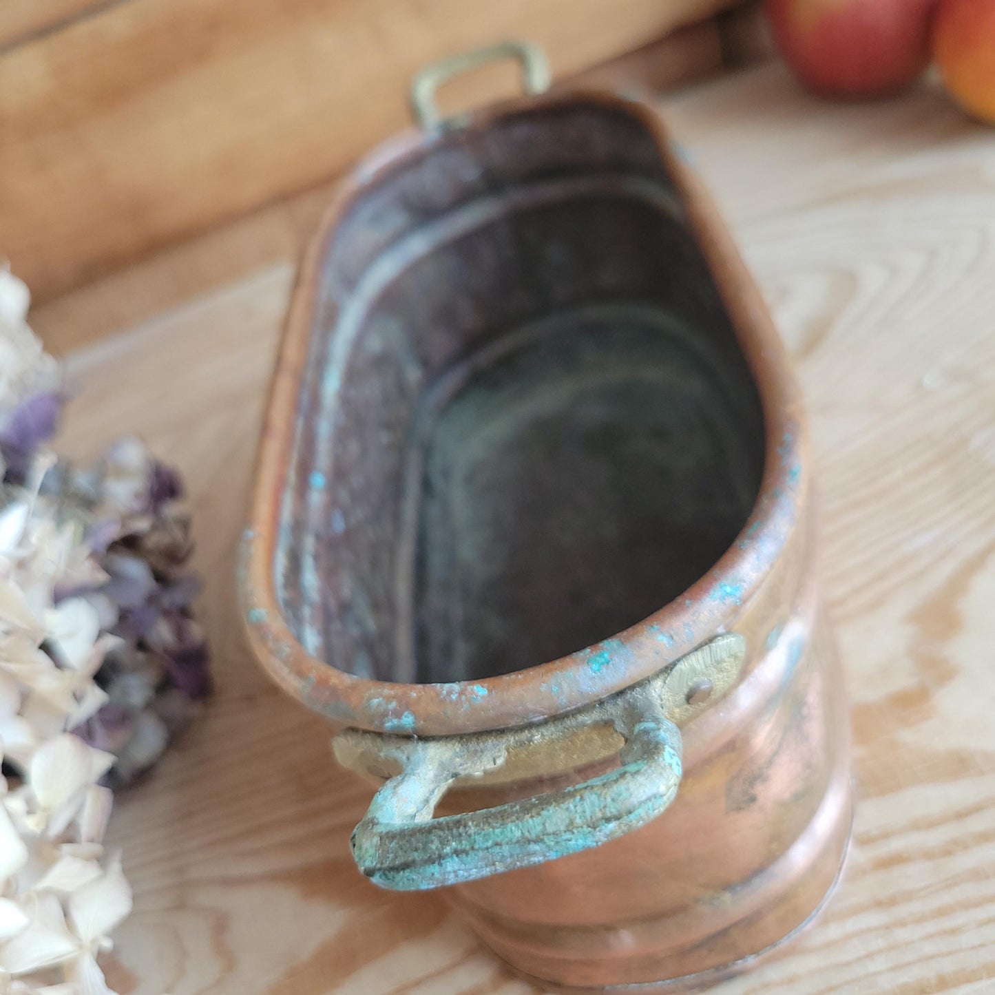 Small Vintage French Copper Jardiniere with Embossed Flowers & Brass Handles France c 1930-50