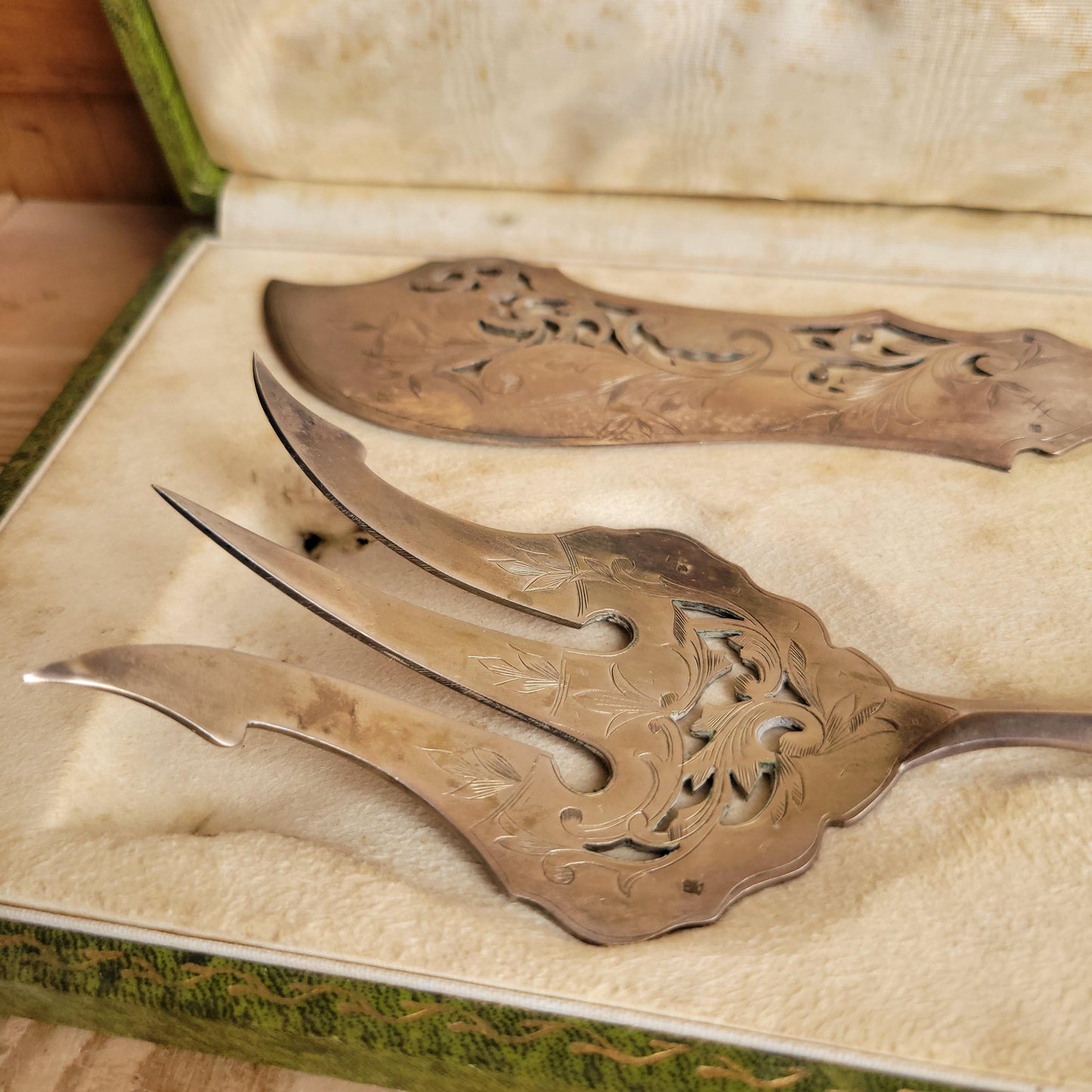 Antique French Ornate Fish Serving Set in Original Green Presentation Box