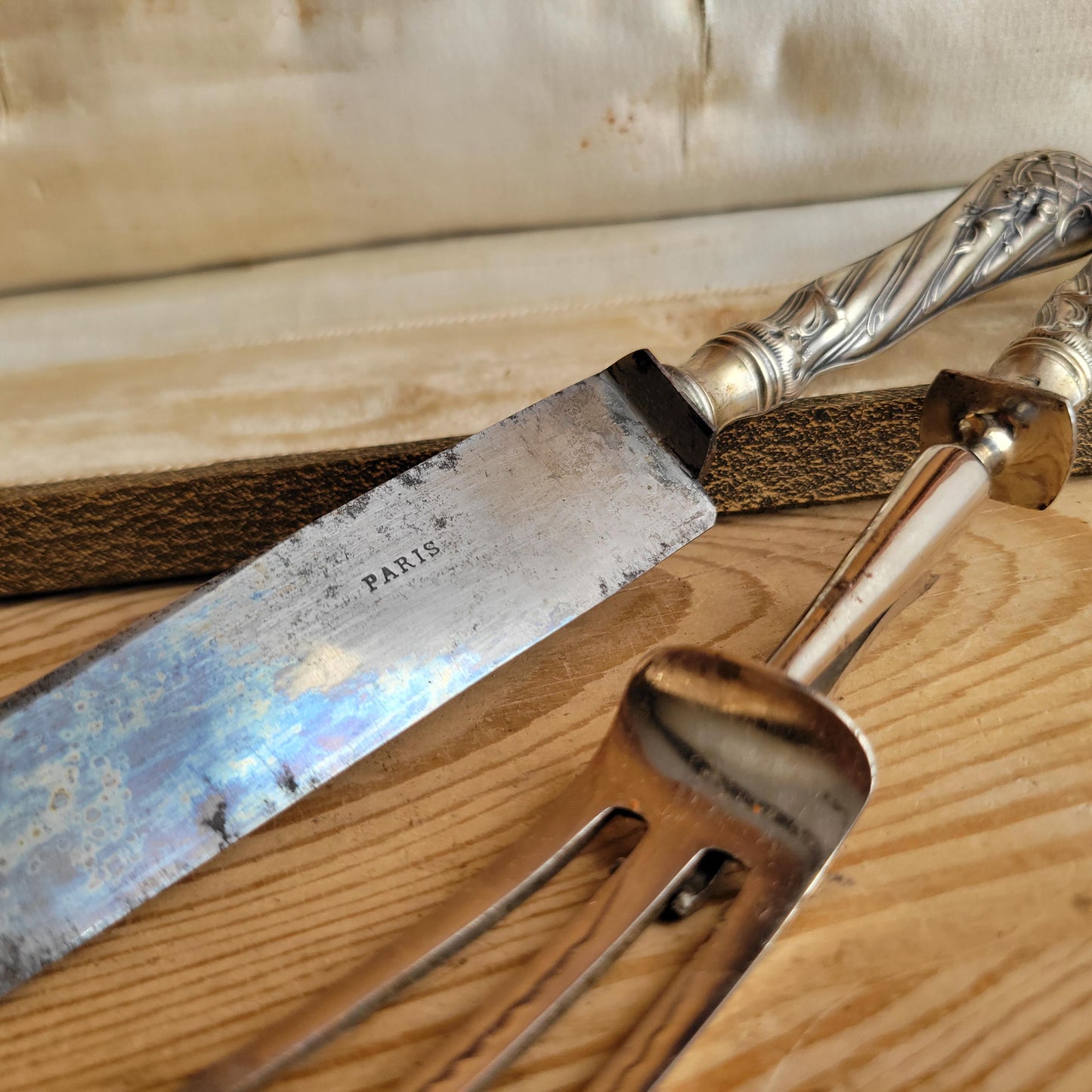 Antique French Silver Cutlery Carving Set in Green-Grey Presentation Box
