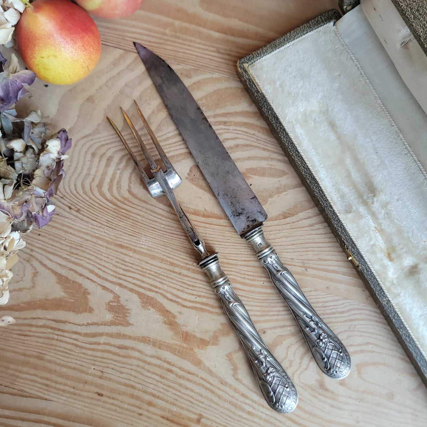 Antique French Silver Cutlery Carving Set in Green-Grey Presentation Box