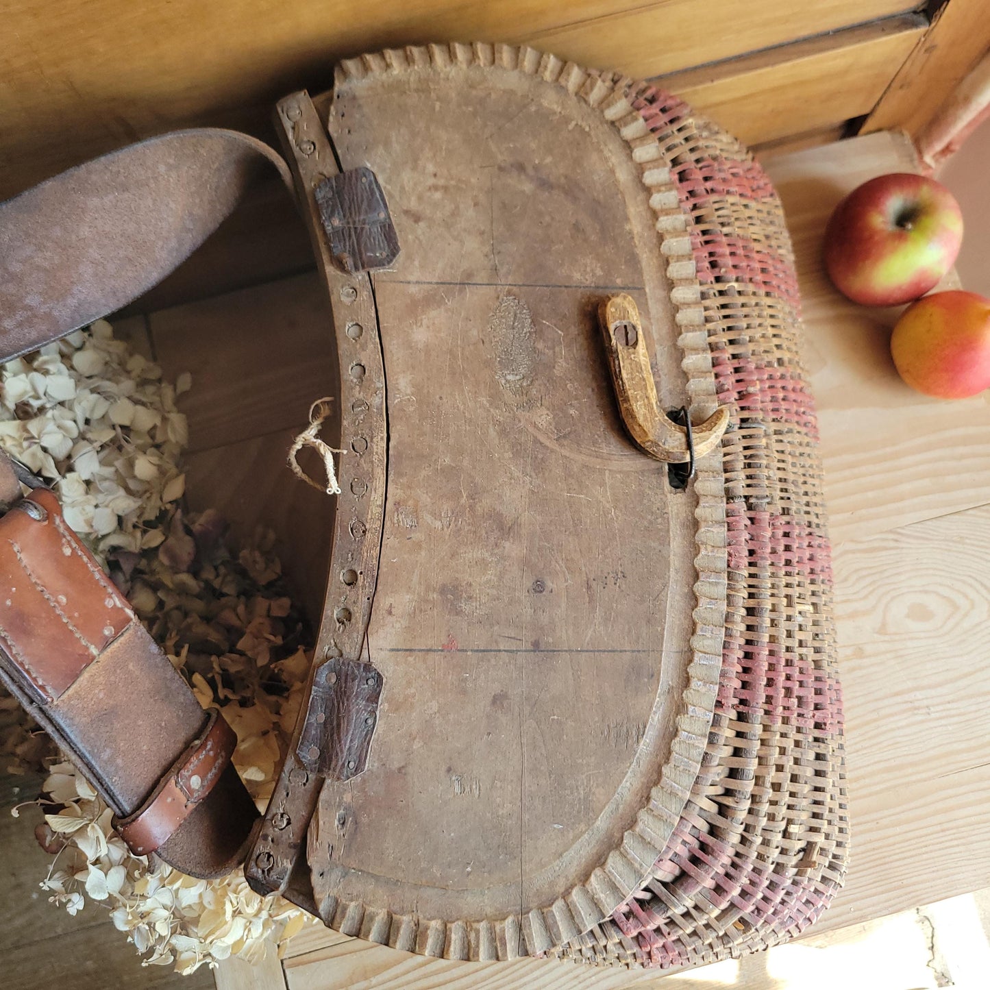 Vintage French Artisanal Creel Basket with Leather Strap & Carved Details c.1930