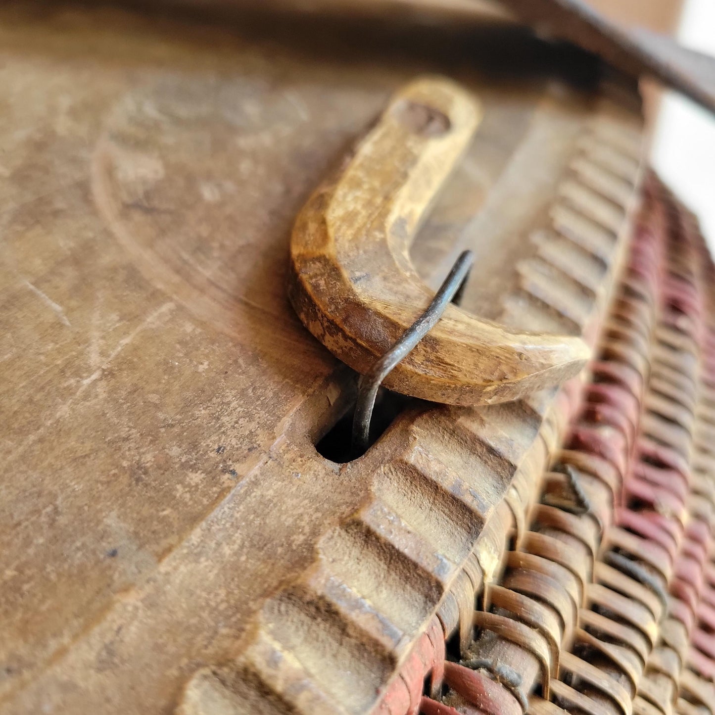 Vintage French Artisanal Creel Basket with Leather Strap & Carved Details c.1930