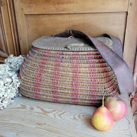 Vintage French Artisanal Creel Basket with Leather Strap & Carved Details c.1930
