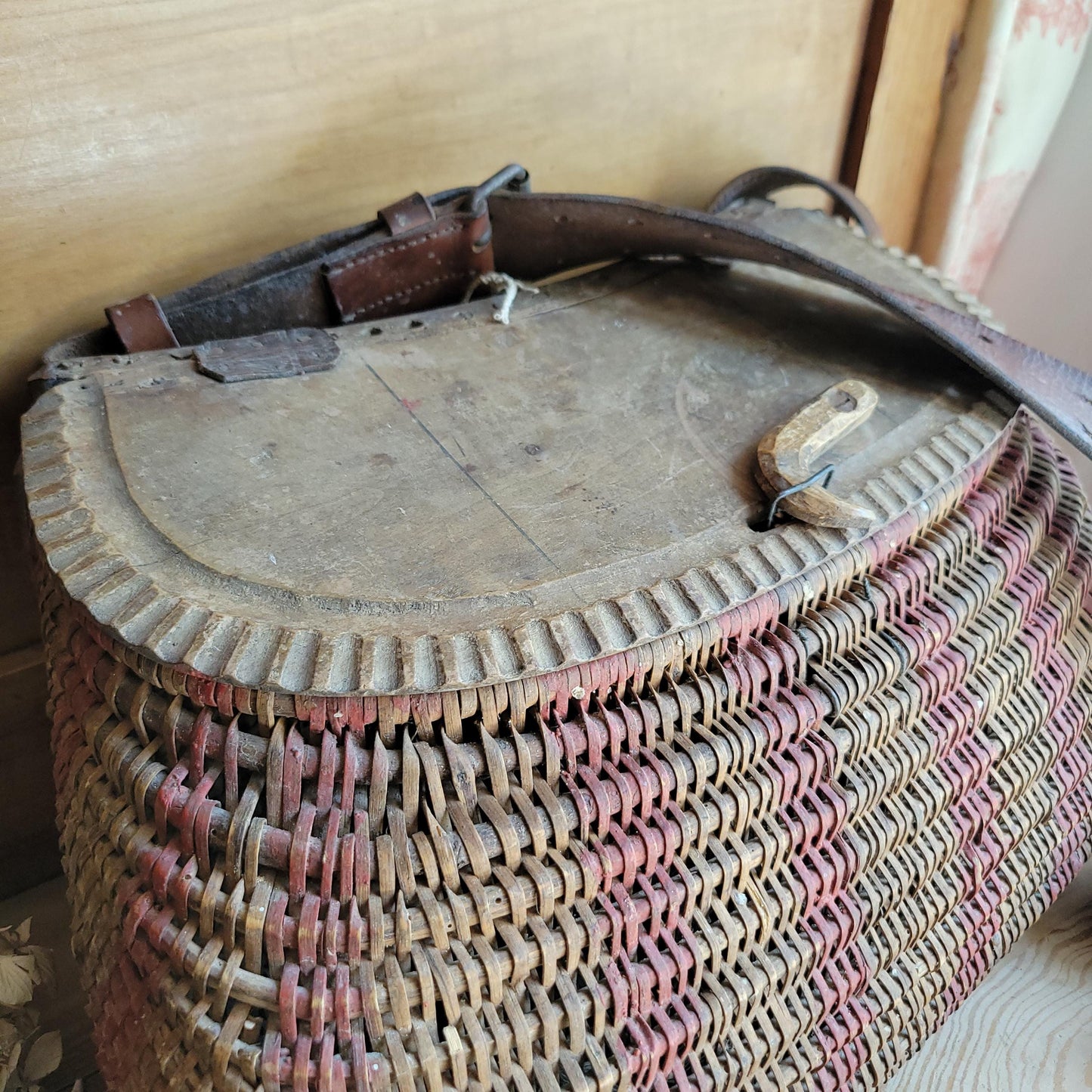 Vintage French Artisanal Creel Basket with Leather Strap & Carved Details c.1930