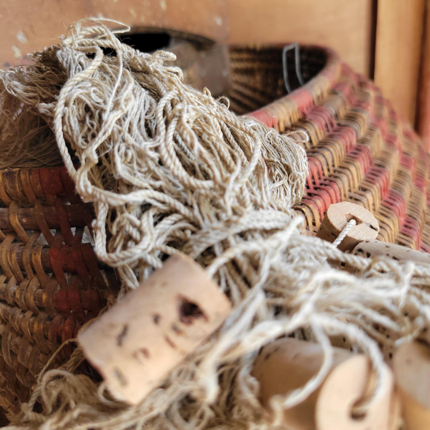 Vintage French Artisanal Creel Basket with Leather Strap & Carved Details c.1930