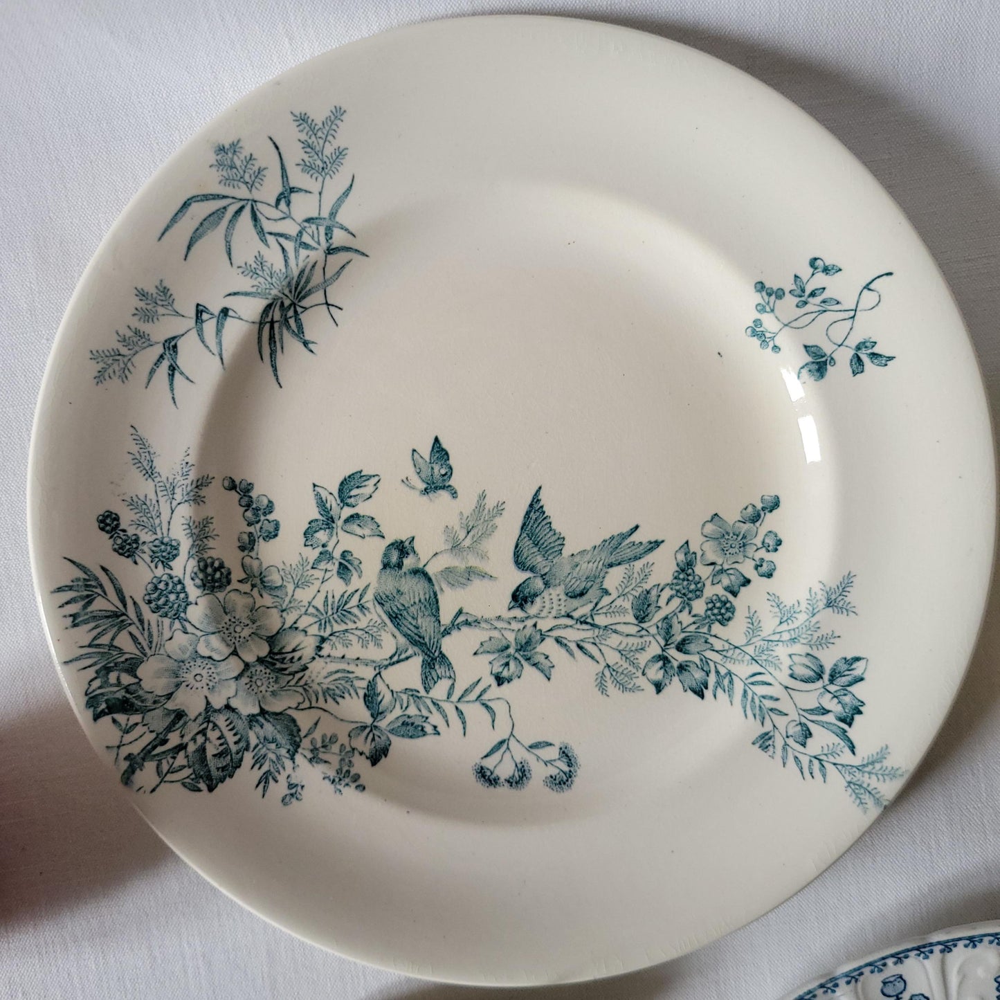 SET 6 mismatched antique French dinner plates, ironstone blue teal floral transferware cottage style, Sarreguemines, Choisy le Roi, c1900