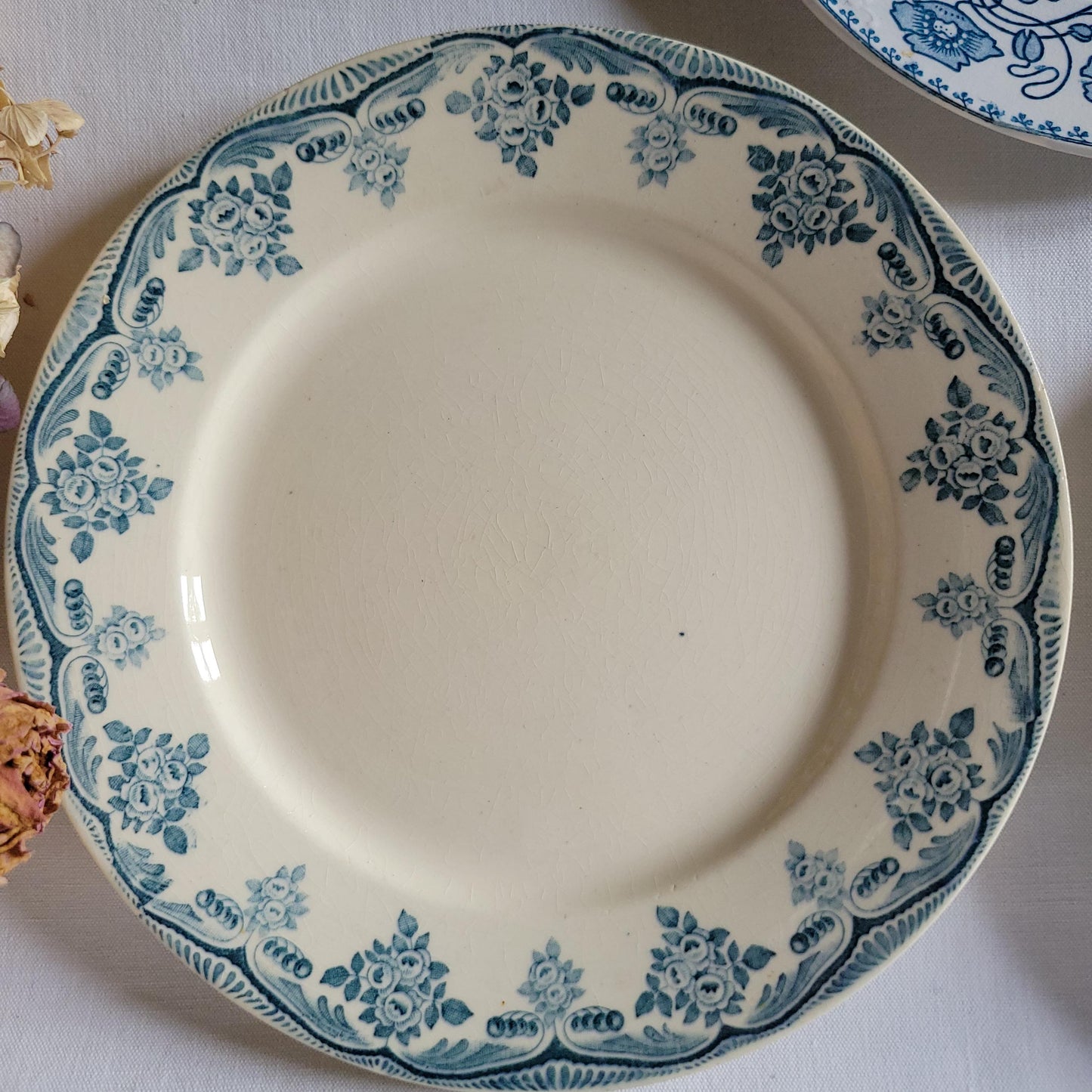 SET 6 mismatched antique French dinner plates, ironstone blue teal floral transferware cottage style, Sarreguemines, Choisy le Roi, c1900