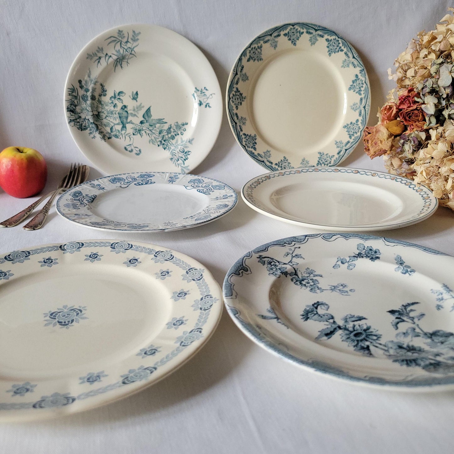 SET 6 mismatched antique French dinner plates, ironstone blue teal floral transferware cottage style, Sarreguemines, Choisy le Roi, c1900