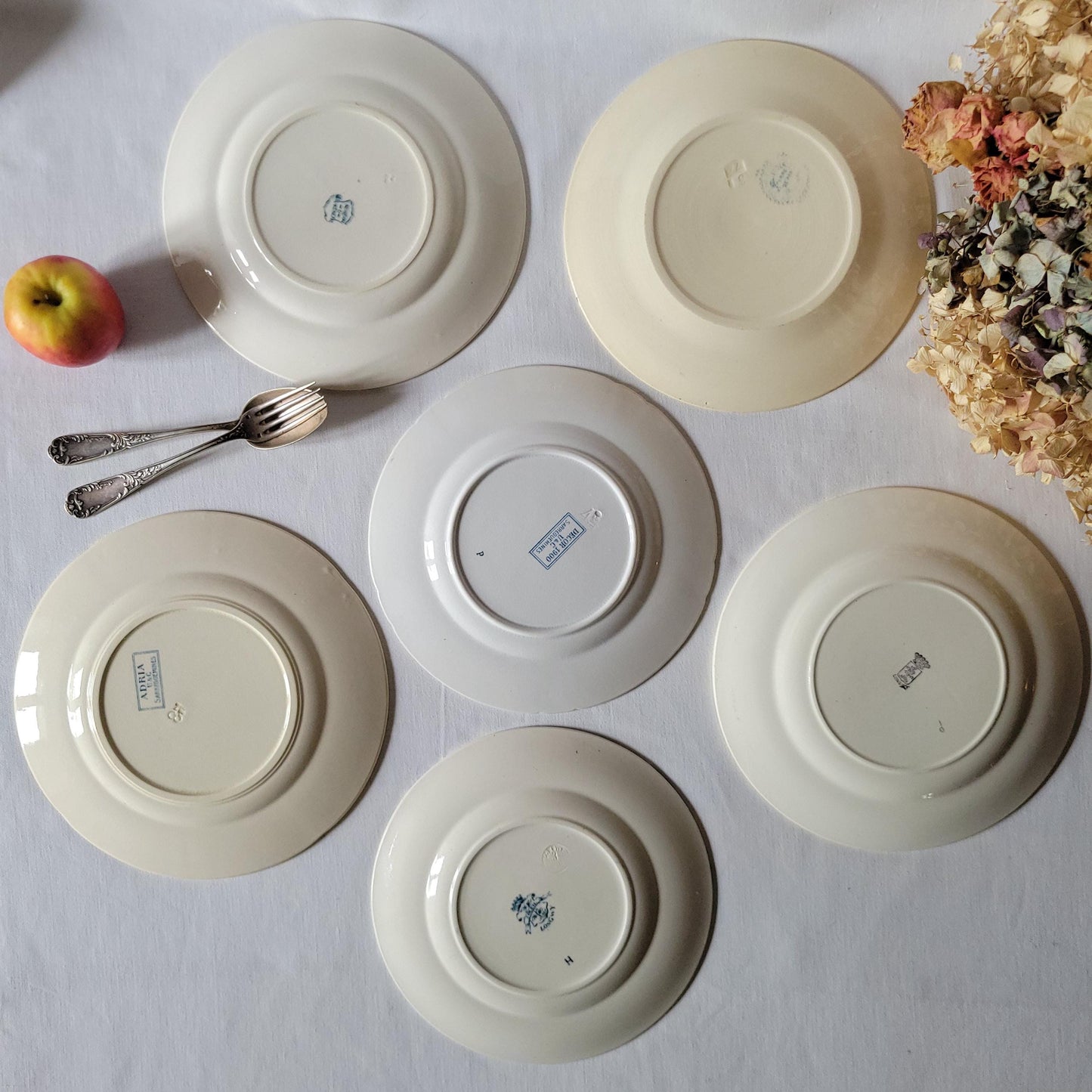 SET 6 mismatched antique French dinner plates, ironstone blue teal floral transferware cottage style, Sarreguemines, Choisy le Roi, c1900