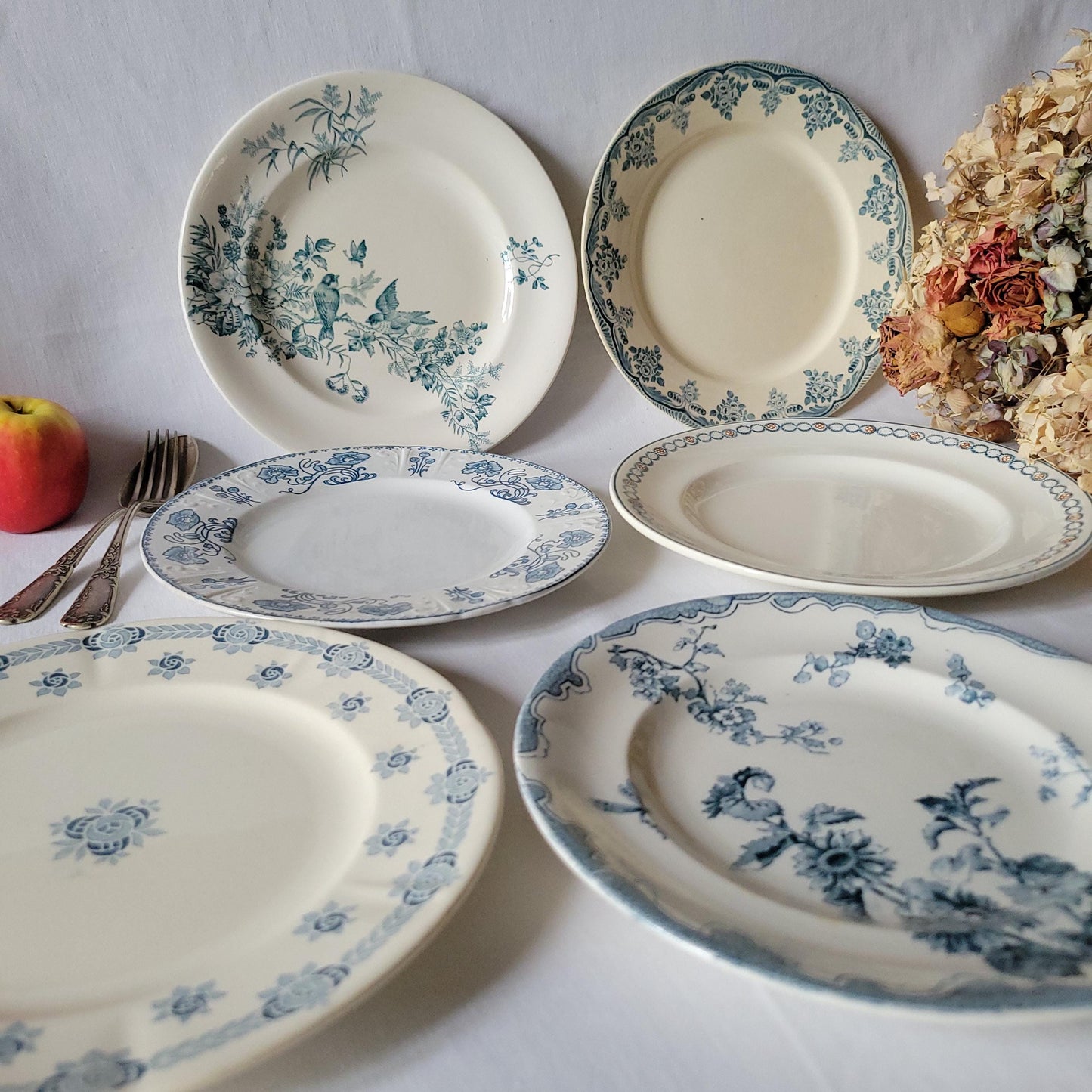 SET 6 mismatched antique French dinner plates, ironstone blue teal floral transferware cottage style, Sarreguemines, Choisy le Roi, c1900