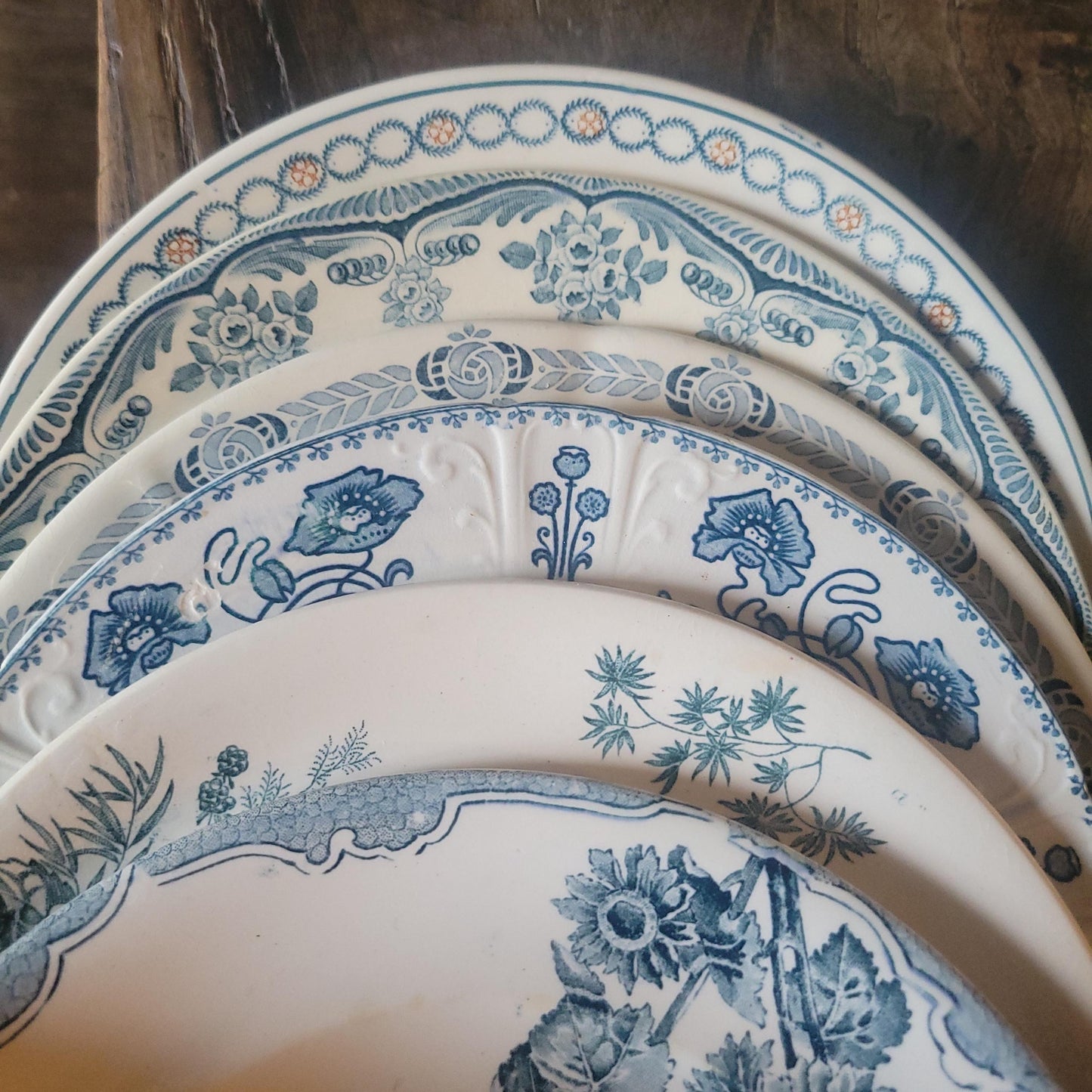 SET 6 mismatched antique French dinner plates, ironstone blue teal floral transferware cottage style, Sarreguemines, Choisy le Roi, c1900