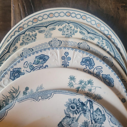 SET 6 mismatched antique French dinner plates, ironstone blue teal floral transferware cottage style, Sarreguemines, Choisy le Roi, c1900