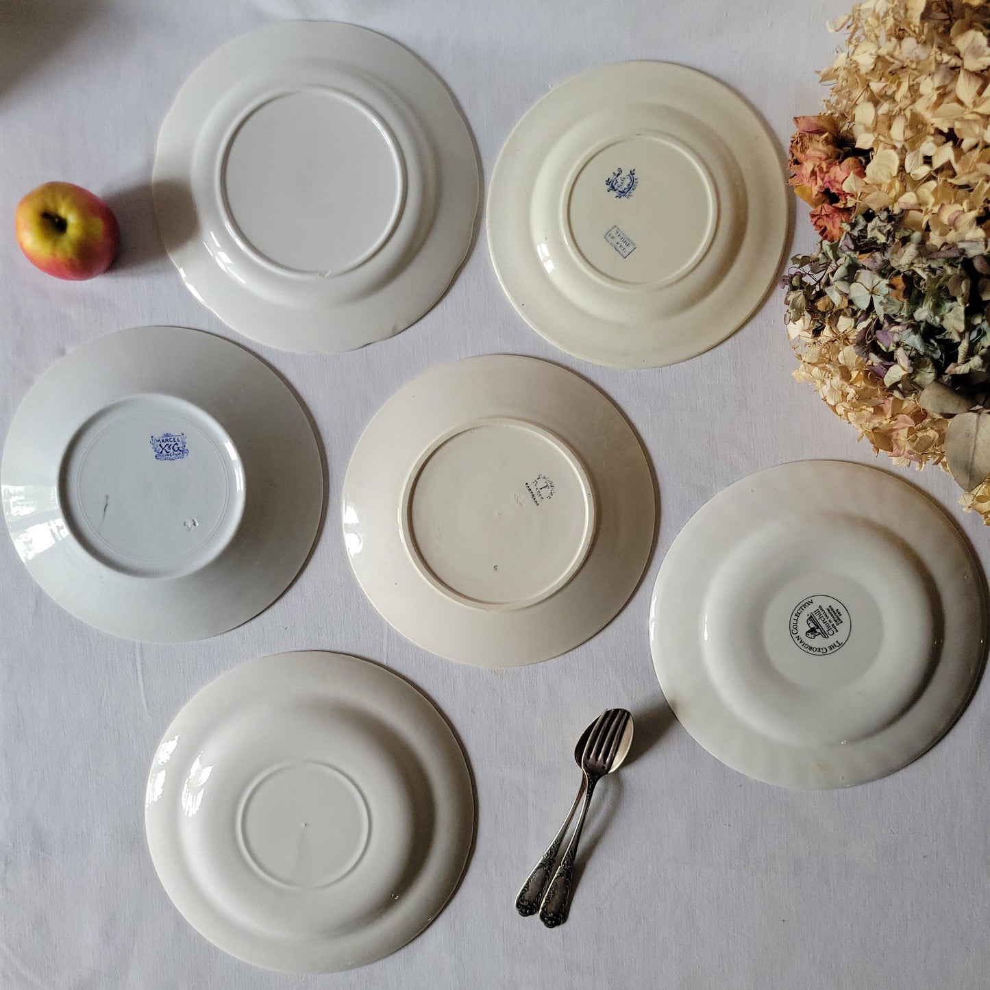 Antique Mismatched French Ironstone Dinner Plates - Teal Blue Transferware, Set of 6