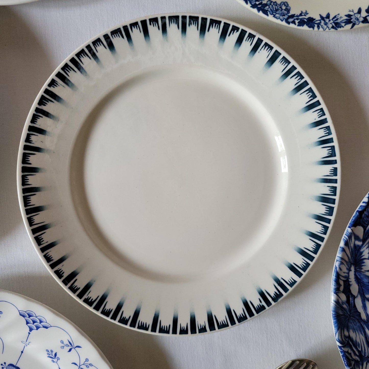 Antique Mismatched French Ironstone Dinner Plates - Teal Blue Transferware, Set of 6