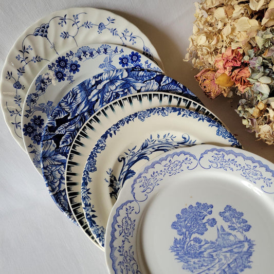 Antique Mismatched French Ironstone Dinner Plates - Teal Blue Transferware, Set of 6