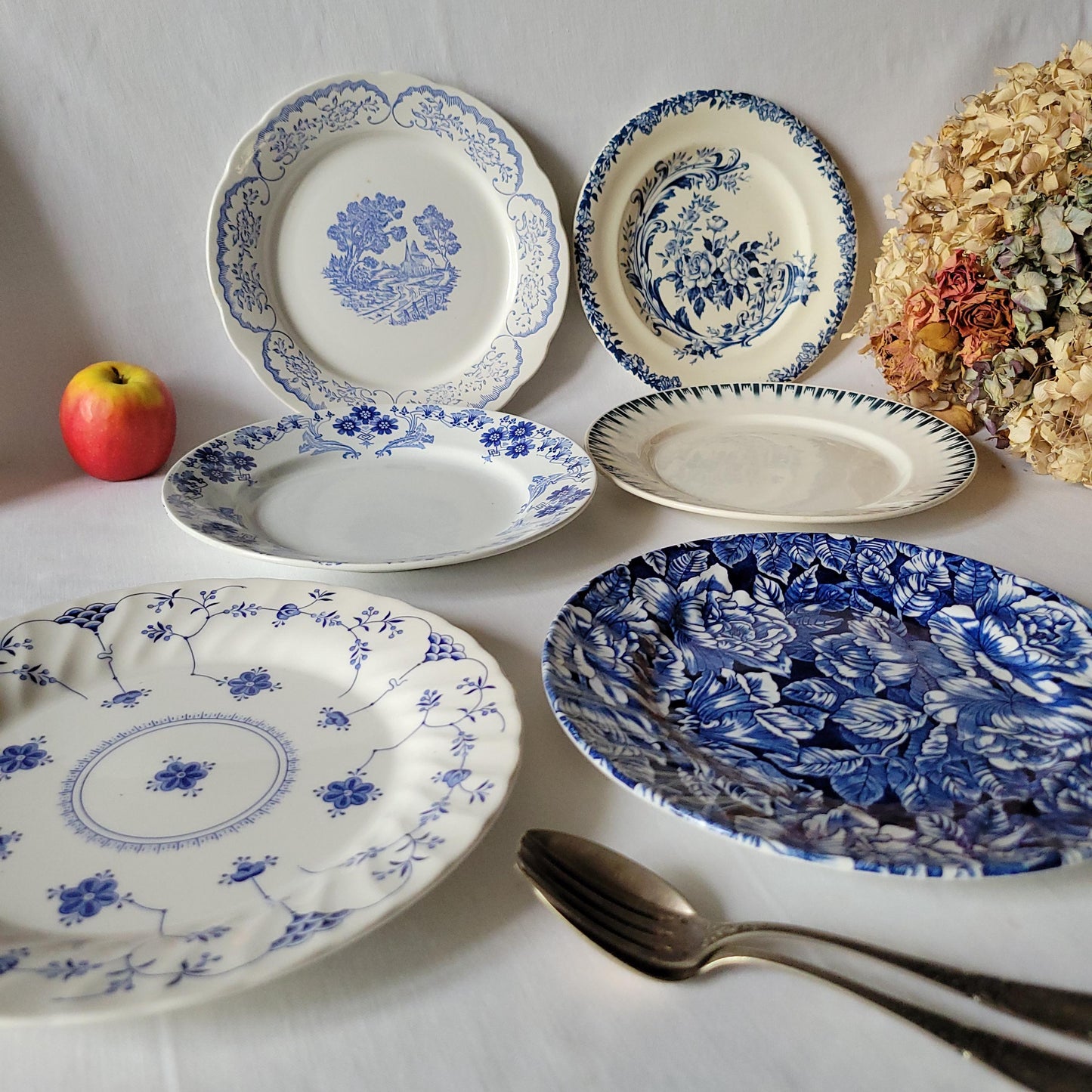 Antique Mismatched French Ironstone Dinner Plates - Teal Blue Transferware, Set of 6