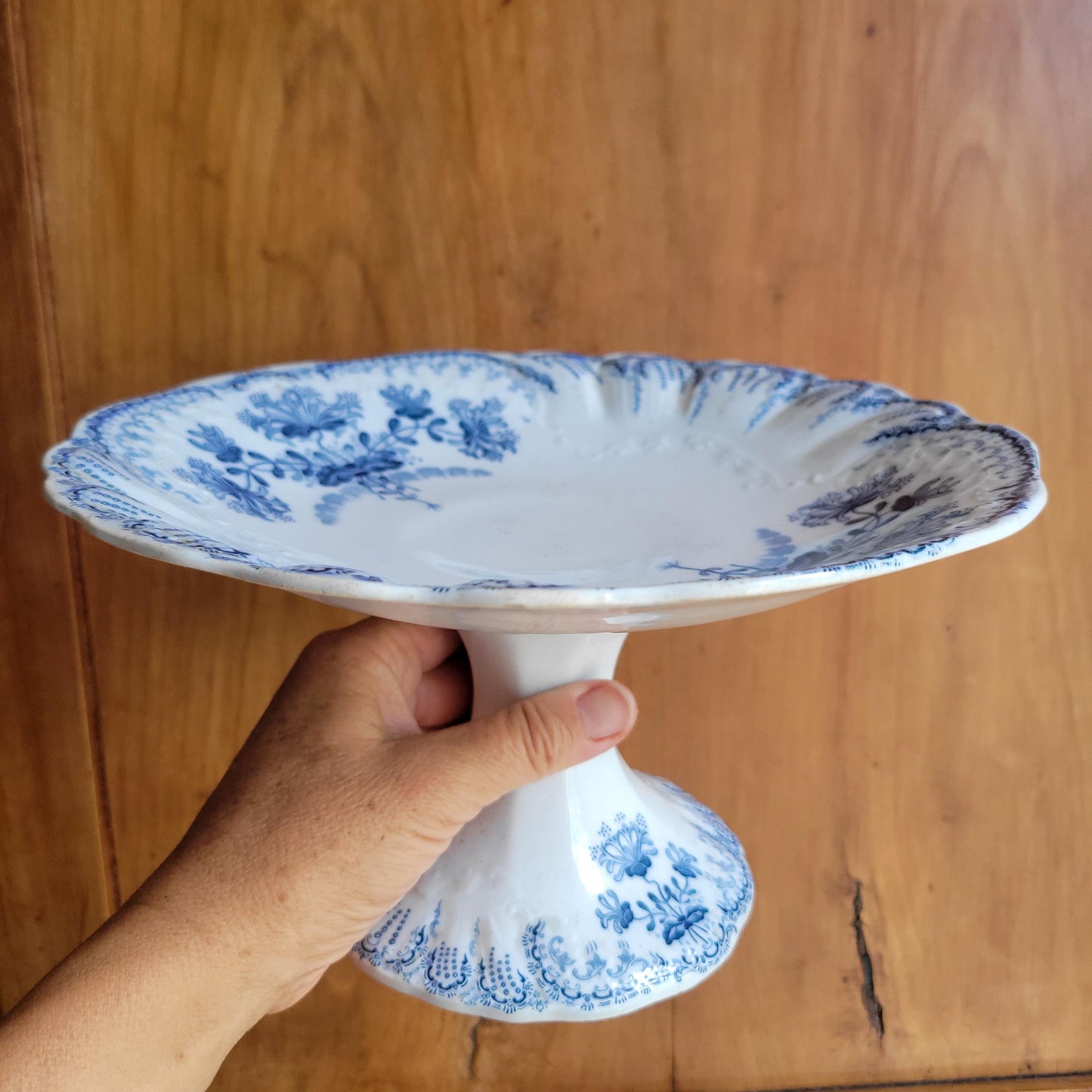 Antique St Amand Compotierr in Petrol Blue Transferware, ''Regence' Pattern, France c.1890