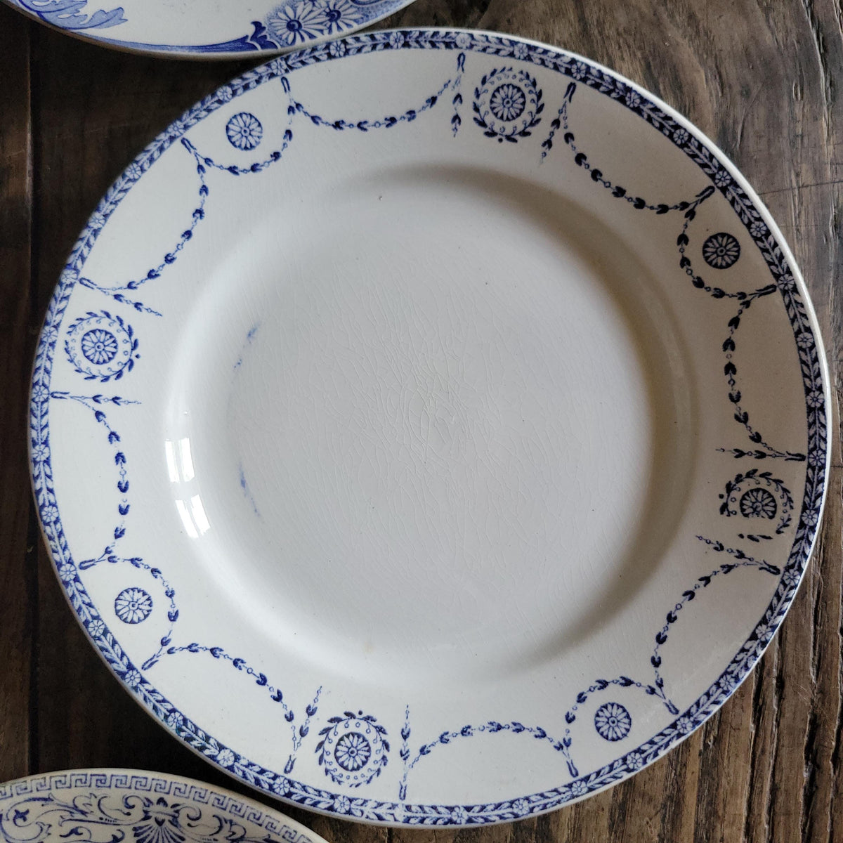 Antique Mismatched Ironstone Dinner Plates - Set of 6 Blue Transferware, c1890
