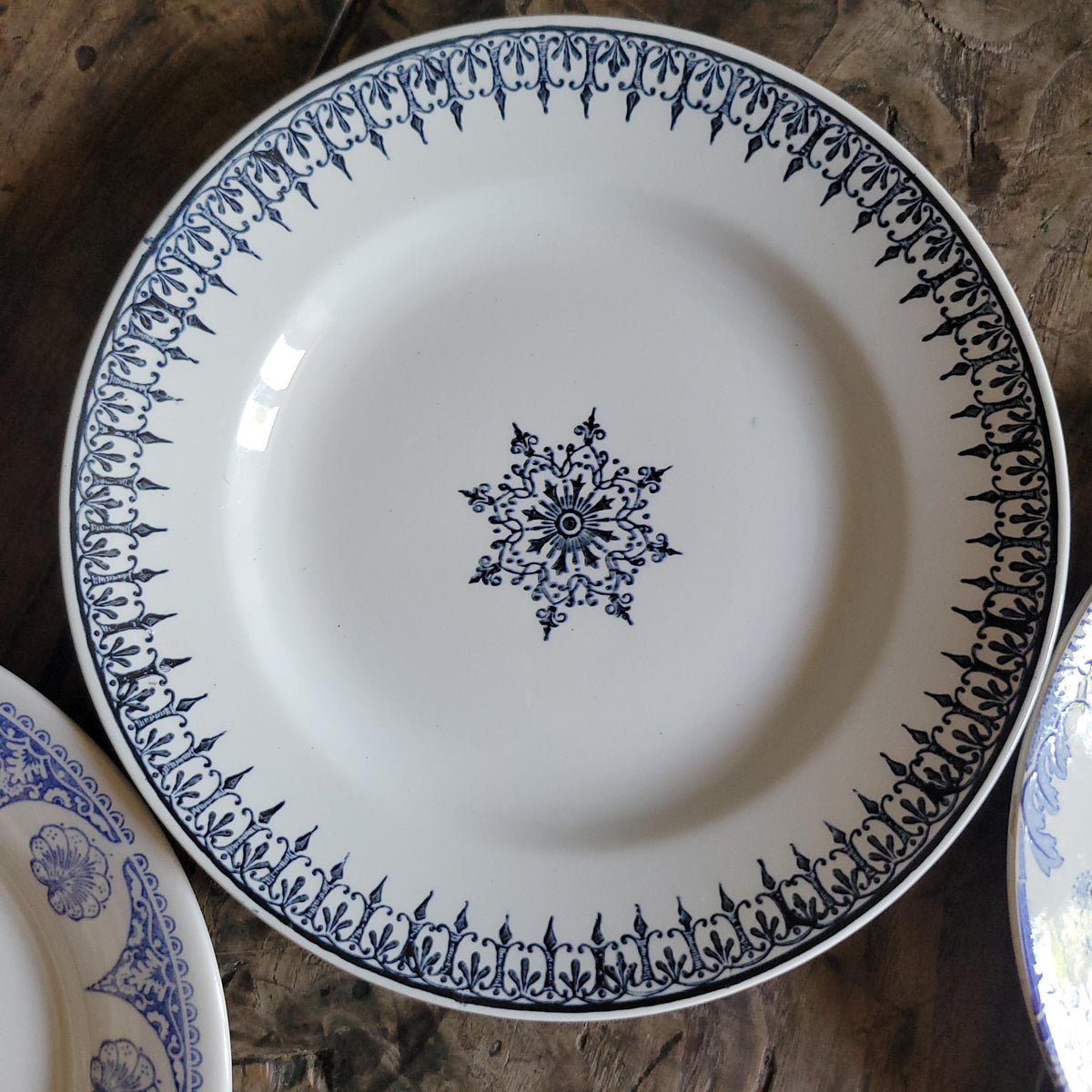 Antique Mismatched Ironstone Dinner Plates - Set of 6 Blue Transferware, c1890