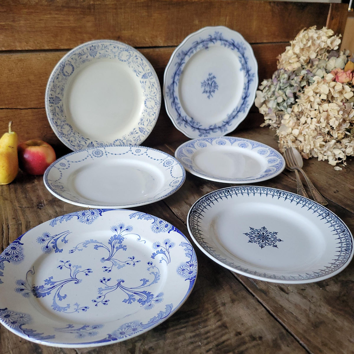 Antique Mismatched Ironstone Dinner Plates - Set of 6 Blue Transferware, c1890
