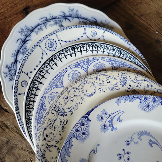 Antique Mismatched Ironstone Dinner Plates - Set of 6 Blue Transferware, c1890