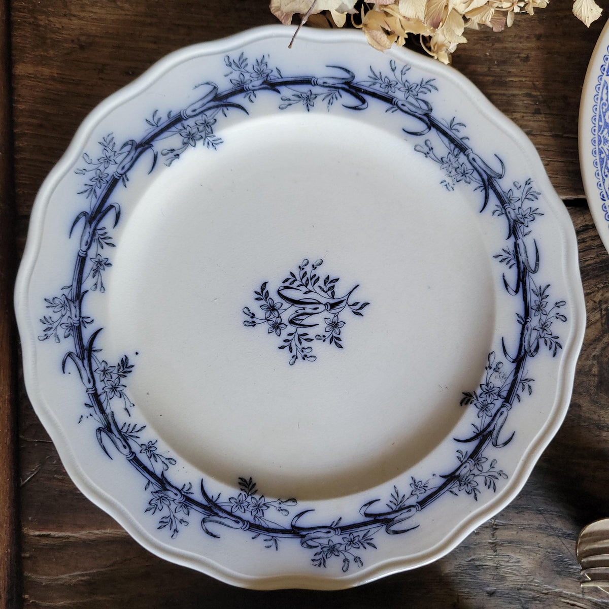 Antique Mismatched Ironstone Dinner Plates - Set of 6 Blue Transferware, c1890