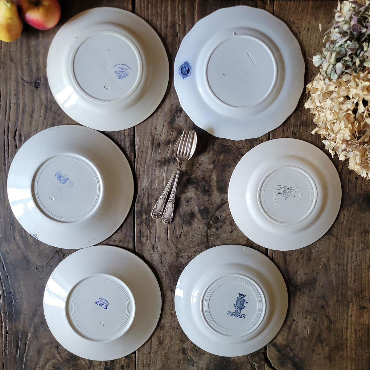 Antique Mismatched Ironstone Dinner Plates - Set of 6 Blue Transferware, c1890