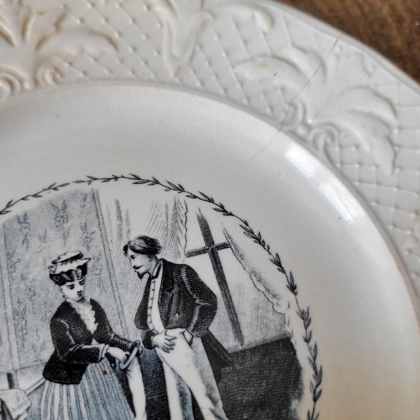Pair of French antique black transferware 'talking plates' c1880 by Jules Vieillard, Bordeaux, France