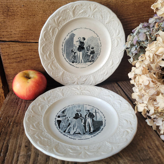 Pair of French antique black transferware 'talking plates' c1880 by Jules Vieillard, Bordeaux, France