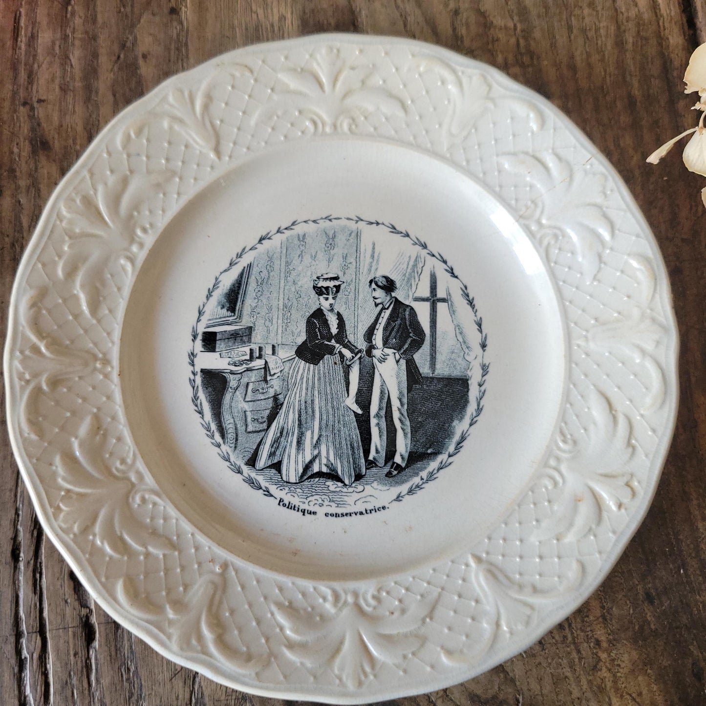 Pair of French antique black transferware 'talking plates' c1880 by Jules Vieillard, Bordeaux, France
