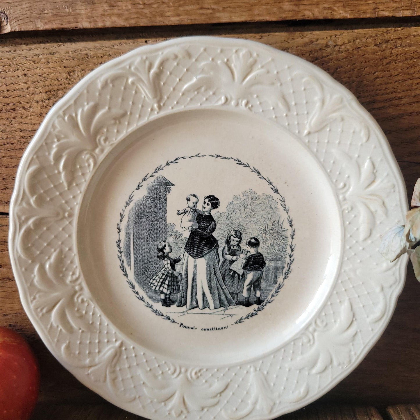 Pair of French antique black transferware 'talking plates' c1880 by Jules Vieillard, Bordeaux, France