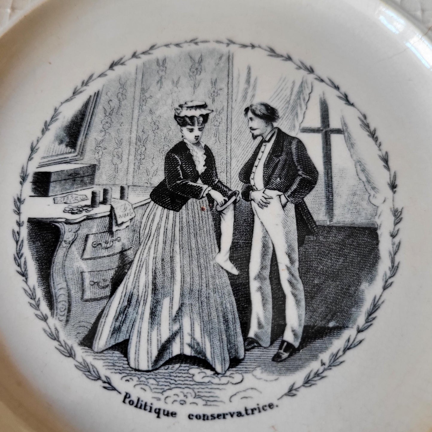 Pair of French antique black transferware 'talking plates' c1880 by Jules Vieillard, Bordeaux, France