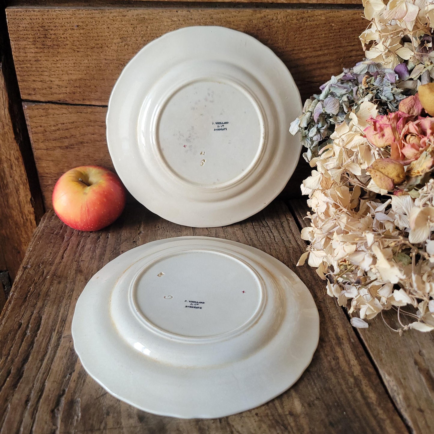 Pair of French antique black transferware 'talking plates' c1880 by Jules Vieillard, Bordeaux, France