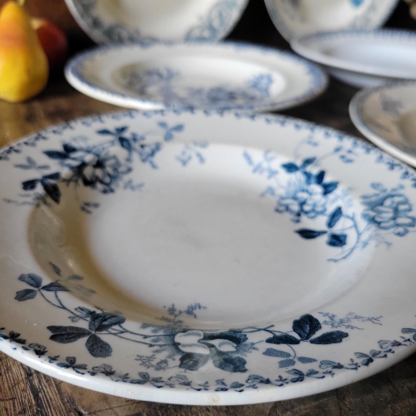 6 Antique Mismatched French Ironstone Soup Plates, Blue Floral Transferware, Set of 6