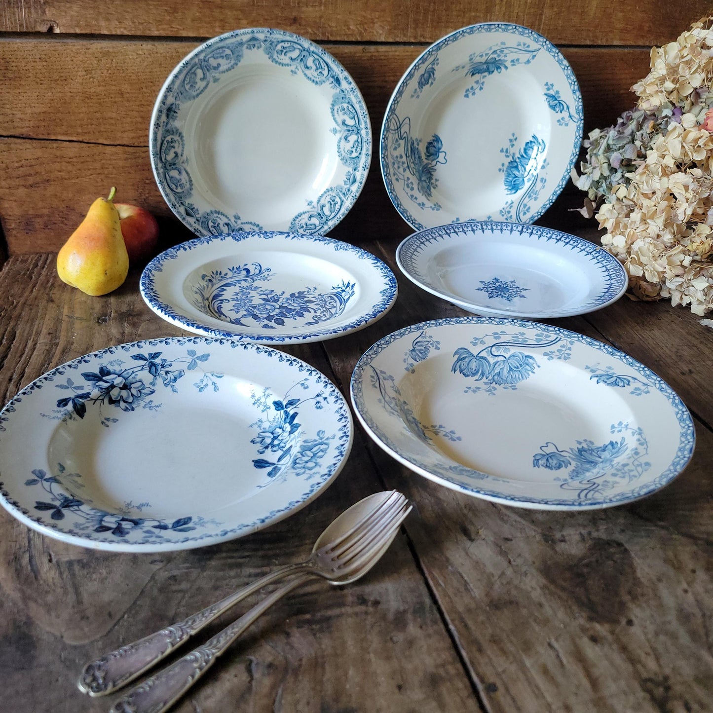 6 Antique Mismatched French Ironstone Soup Plates, Blue Floral Transferware, Set of 6