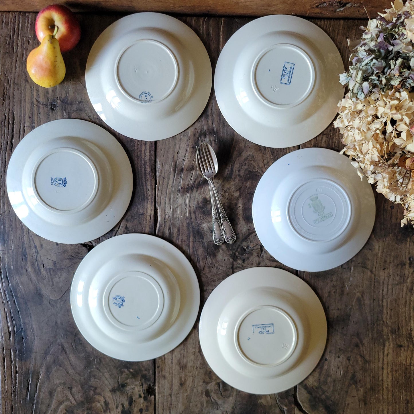 6 Antique Mismatched French Ironstone Soup Plates, Blue Floral Transferware, Set of 6