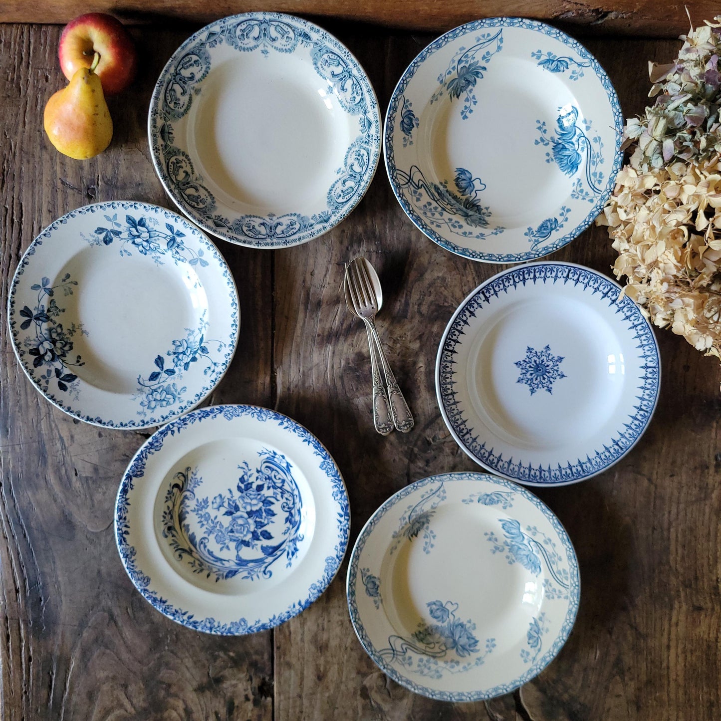 6 Antique Mismatched French Ironstone Soup Plates, Blue Floral Transferware, Set of 6