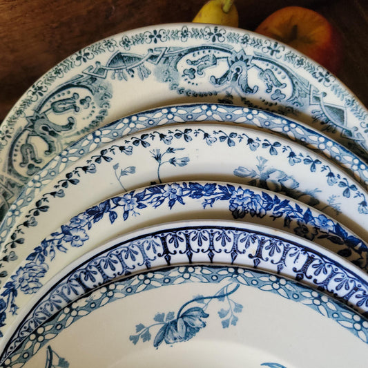 6 Antique Mismatched French Ironstone Soup Plates, Blue Floral Transferware, Set of 6
