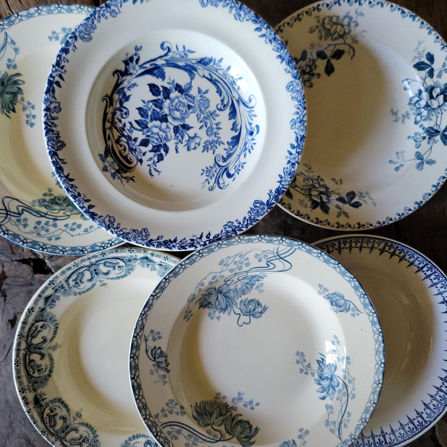 6 Antique Mismatched French Ironstone Soup Plates, Blue Floral Transferware, Set of 6
