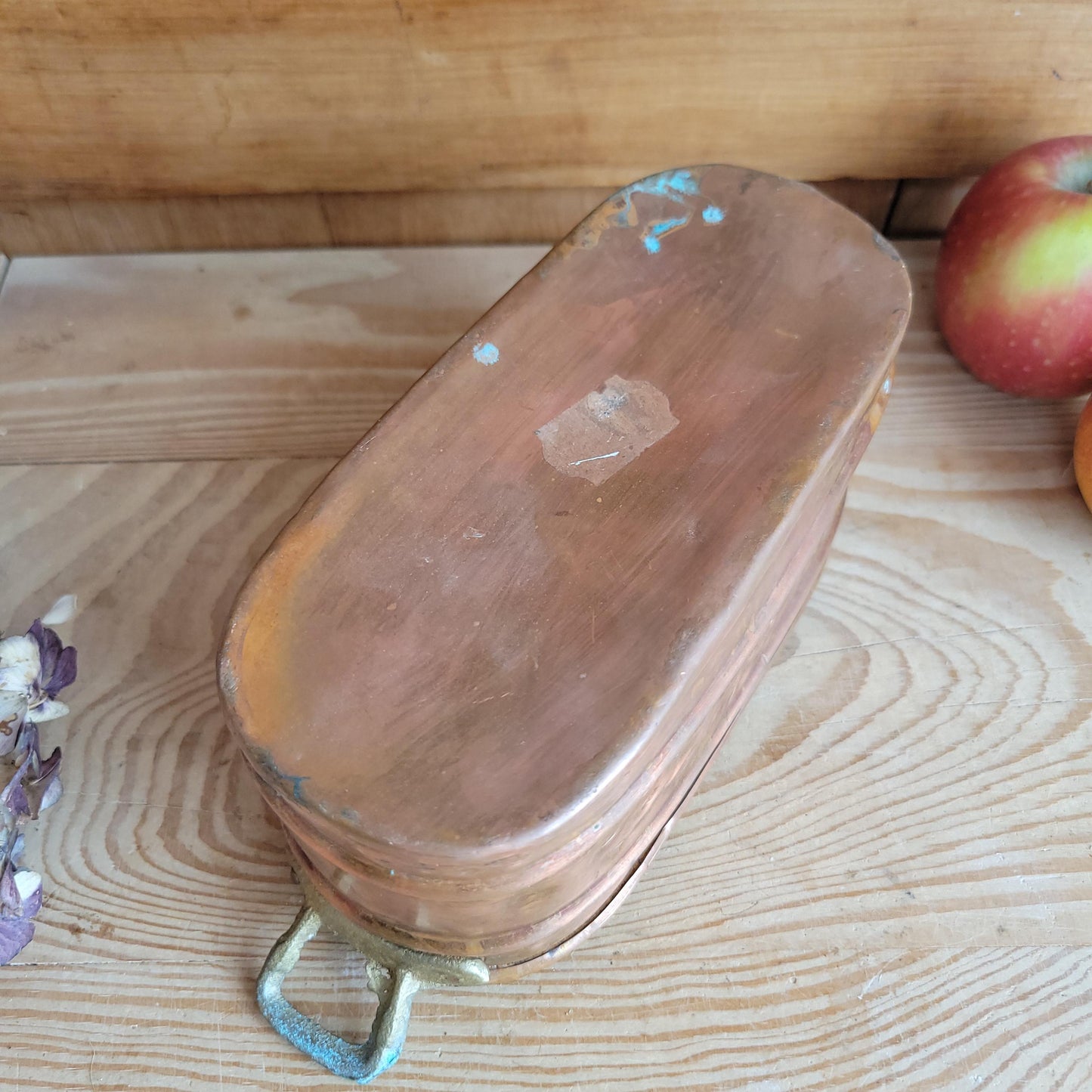 Small Vintage French Copper Jardiniere with Embossed Flowers & Brass Handles France c 1930-50