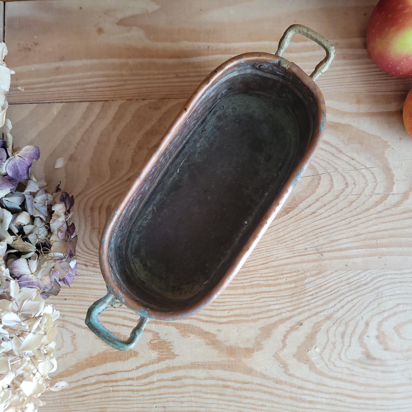 Small Vintage French Copper Jardiniere with Embossed Flowers & Brass Handles France c 1930-50